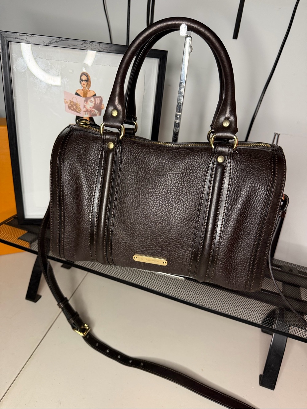 Burberry Brown Leather Boston Bag Authentic + COA
